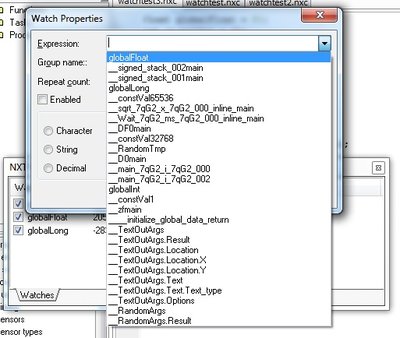 Watch properties dialog with drop down list of variables