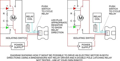 Possible circuit to drive a motor in both directions using a Mindsensors relay driver.